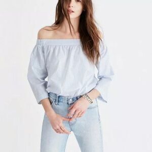 Madewell Blue White Stripe Off Shoulder Relaxed 3/4 Sleeve Coastal Tunic Top M